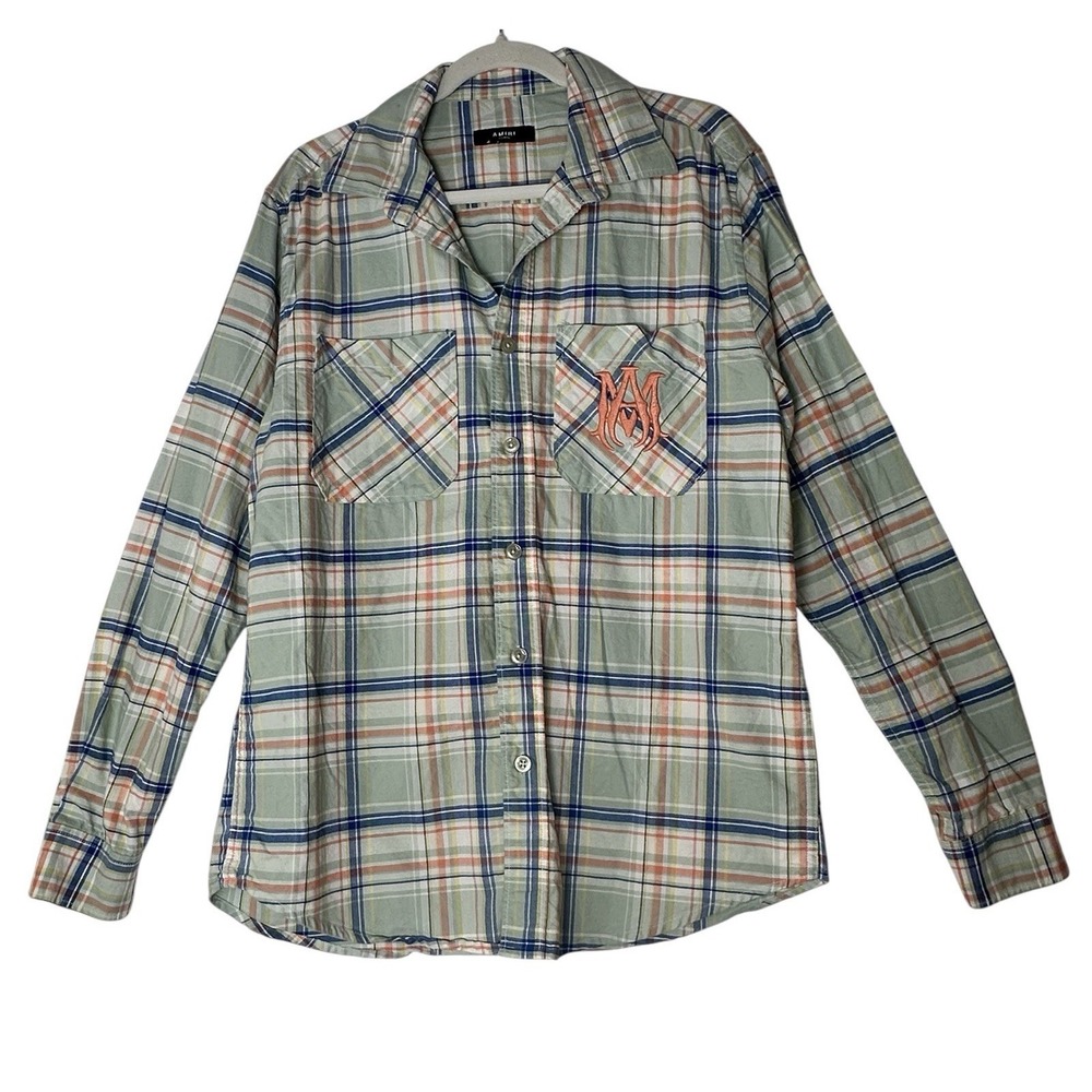 AMIRI Green Plaid Button-Down Shirt with Orange Logo